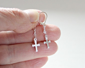 Tiny Silver Cross Earrings, Christmas Gift For Girl, First Communion For Girl, Confirmation Present For Girl, Religious Easter Jewelry