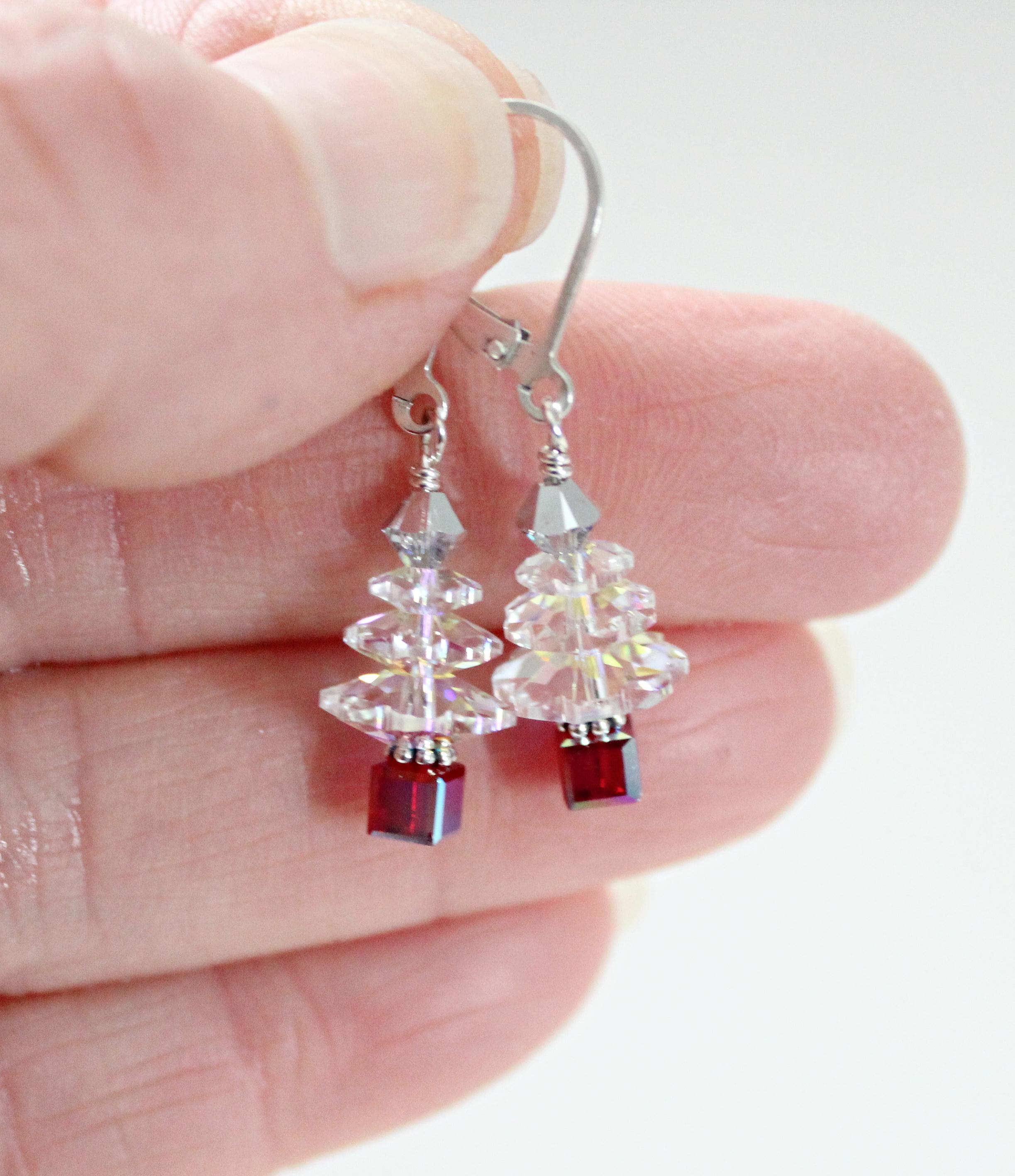 Orecchini Pendenti A Forma Di Albero Di Natale - Ciondoli Con Sfera Rossa In Cristallo E Gancio Verde - Gioielli Festivi Per Donna E Ragazza - 3
