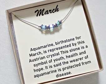 Aquamarine Swarovski Necklace, March Birthstone, 925 Sterling Silver, Silk Cord
