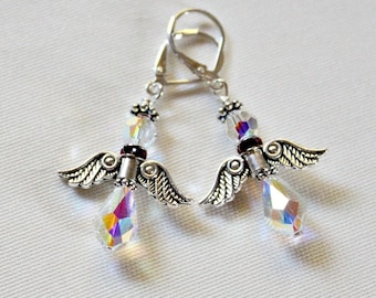 Swarovski Crystal AB Angel Earrings: Sterling Silver Leverbacks, Quality Handcrafted Holiday Jewelry