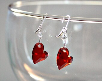 Red Swarovski Crystal Heart Earrings, Crystal Anniversary, Valentines Gift, Red Jewelry,Heart Dangle Earrings,15th Anniversary Gift For Wife