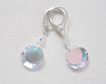 Clear Crystal AB Swarovski Disc Ohrringe: Sterlingsilber Brisuren, irisierende runde Ohrringe