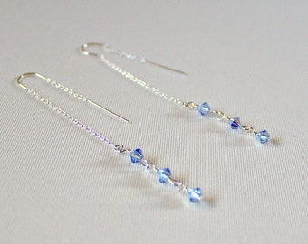 Dainty Threader Earrings, Mothers Day For Daughter,Bridesmaid Threaders, Prom Jewelry,Cornflower Blue,Light Blue Swarovski Threader Earrings