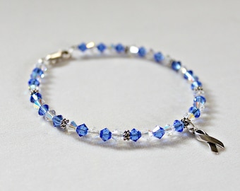 Blue Awareness Ribbon-armband: Swarovski-kristal, sterlingzilver, Colon Cancer Awareness, Awareness-armband pesten, prostaatkanker
