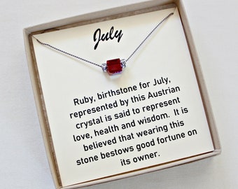 July Birthstone Necklace, Swarovski Cube, Choker Necklace For Woman, July Necklace For Girl, Red Jewelry, Single Stone,10 Year Old Girl Gift
