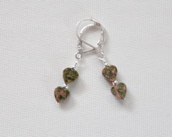 Unakite Heart Earrings, Stone Heart Earrings, Natural Stone Jewelry, Mother's Day Gift For Her,Teenage Girl Valentine Gift, Grounding Stone