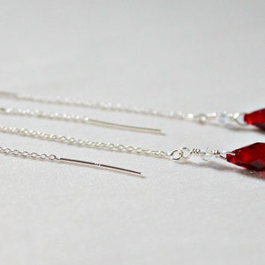 July Birthstone Jewelry, Christmas Earrings,Long Dangles, Red Prom,Dainty Swarovski Crystal Earrings,Sterling Silver Threaders,Daughter Gift