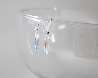 Iridescent Swarovski Crystal Earrings: Sterling Silver Long Dangle Leverbacks, Crystal AB Column Earrings