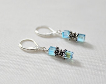 March Birthstone, Handcrafted, Aquamarine Swarovski Bali Silver Earrings, Small Dangle, Light Blue Bridesmaid Jewelry, Unique Gift Women