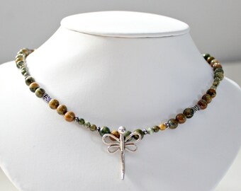 Rainforest Jasper Necklace, Silver Dragonfly Necklace, Christmas Gift For Wife, 50th Birthday Gift For Women, Mothers Day Gift From Daughter
