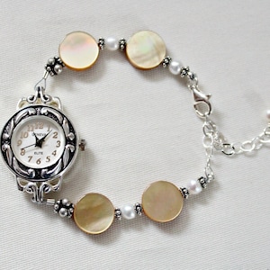 Mother of Pearl Sterling Silver Bracelet Watch, Handcrafted Jewelry, Mothers Day For Her,70th Birthday Gift For Mom, Mother in Law Birthday