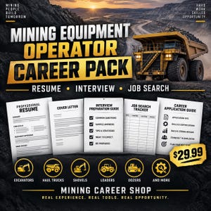 Peut inclure: Un pack de carrière pour opérateur d'équipement minier comprenant un grand camion-benne jaune, cinq modèles de documents dont un CV et un guide d'entretien, ainsi que six icônes circulaires illustrant des pelles, camions et chargeuses.