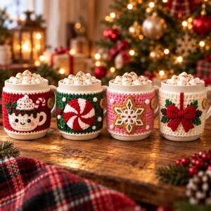 May include: Four ceramic mugs topped with marshmallows, each featuring a unique crocheted cozy. The designs include a smiling cocoa mug, a red and white peppermint swirl, a gold snowflake on pink, and a red bow with green holly leaves.