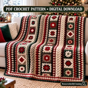 Festive Memories Crochet Blanket Pattern | Floral Granny Squares, Braided Cable (PDF Download)