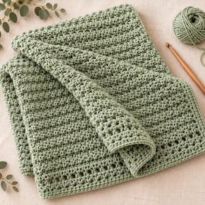 May include: A sage green crocheted blanket featuring a textured stitch pattern with a decorative border of openwork squares. A matching ball of yarn and a wooden crochet hook are positioned next to the folded textile piece.