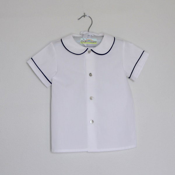 Rounded collar Cotton White shirt with front buttons - Other trim colors available