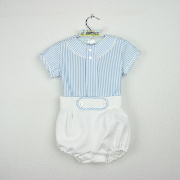 Short sleeve stripe shirt  trimmed in White  and  White pique Bloomers - More colors available