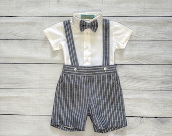 Boys Linen Blend Outfit: Striped Shorts, Suspenders, Bow Tie, Shirt - 3-Piece Suit