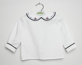 Long sleeve White cotton shirt with embroidered peter pan collar - Viyella Cotton