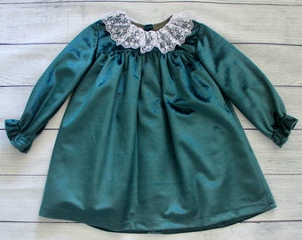 Long Sleeve Velvet Dress with white lace ruffle collar - Available in more colors