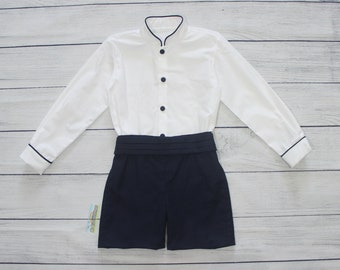 Boys outfit - Long sleeve white Mao shirt and oxford cotton shorts - Other colors available