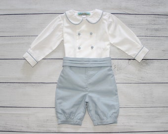 Boys outfit - Double breasted White Cotton shirt with long sleeves and Below the knee Linen Blend Shorts - Various colors available