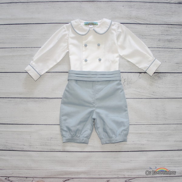 Boys Linen Blend Outfit: Double Breasted Cotton Shirt & Below Knee Shorts