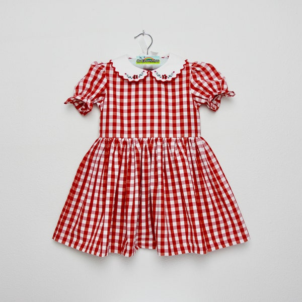 Robe Fille - Robe Vichy Rouge Coton mélangé manches courtes col brodé