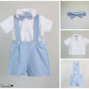 Boys outfit - Light blue light oxford cotton blend shortalls, bow tie and white shirt
