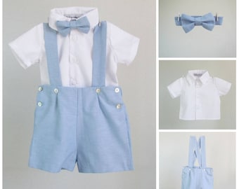 Boys outfit - Light blue light oxford cotton blend shortalls, bow tie and white shirt - 3-piece set - Various colors available