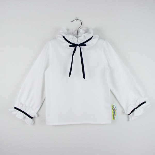 White Cotton Girl blouse with Ruffle collar - Bow available in various colors