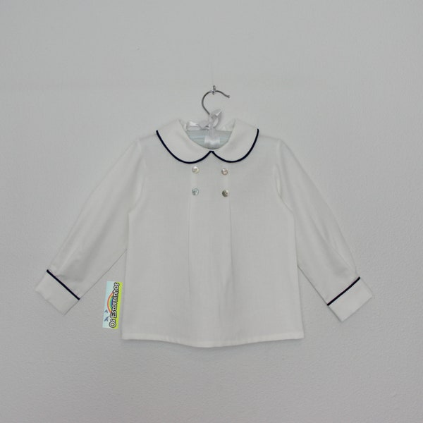 Long sleeve White shirt with peter pan collar - Viyella Cotton - More trim colors available