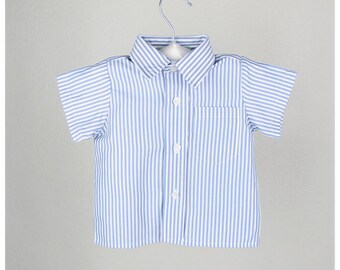 Boys Striped Shirt, Short Sleeve Oxford | Blue Button Front Cotton Blend | Baby To Toddler Apparel Sizes