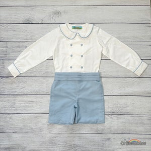 Boys outfit - Boy Double breasted White Cotton shirt with long sleeves and Linen Blend Shorts