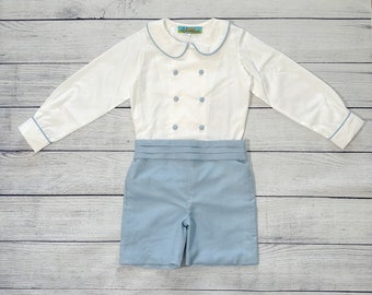 Conjunto para niño - Camisa de algodón blanca cruzada con mangas largas y pantalones cortos de mezcla de lino - Varios colores disponibles