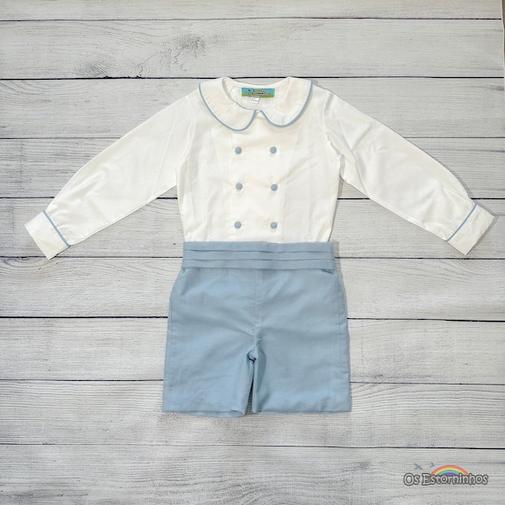 Boys Linen Blend Outfit: Double Breasted Cotton Shirt, Shorts