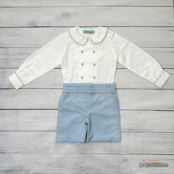 Conjunto para niño - Camisa de algodón blanca cruzada con mangas largas y pantalones cortos de mezcla de lino - Varios colores disponibles