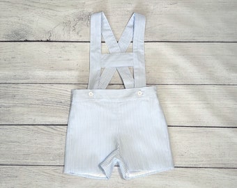 Boy shorts -  Striped Blue cotton Blend Shorts with H-Bar Suspenders