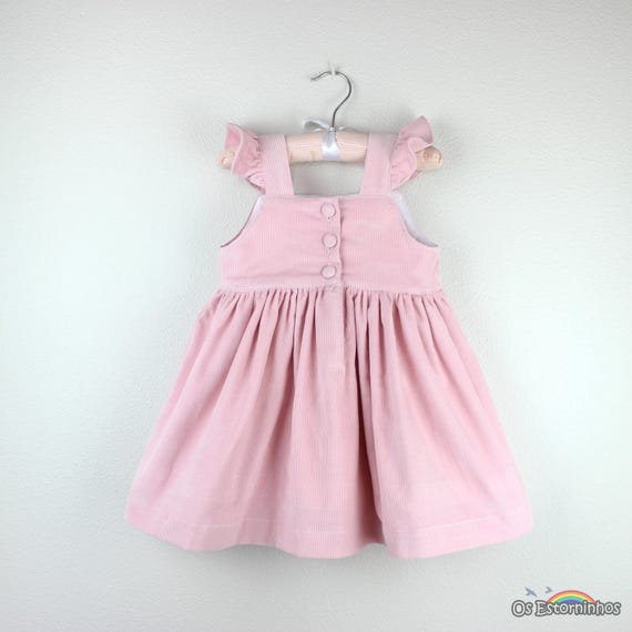 Corduroy Pinafore Dress - Pink with Ruffle Sleeves for Girls