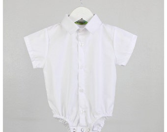 Baby boy shirt bodysuit - Boys short sleeve White shirt bodysuit - Other colors and stripes available