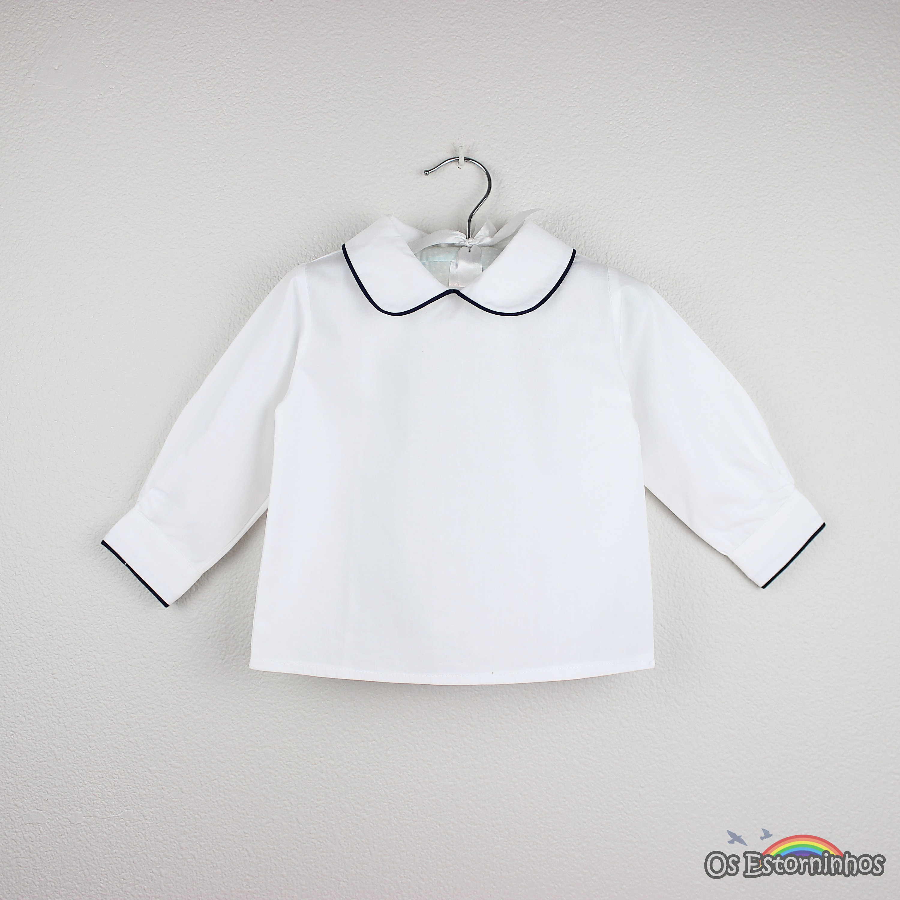 Long Sleeve White Cotton Shirt With Peter Pan Collar Trimmed in