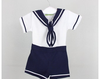 Tenue bébé garçon - Chemise marinière garçon en coton mélangé blanc et short bleu marine - Tenue marinière bébé garçon - Ensemble 2 pièces