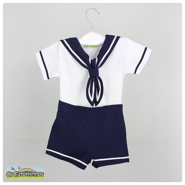 Conjunto bebé niño - Camisa mezcla algodón niño marinero blanco y pantalón azul marino - Conjunto bebé niño marinero - Conjunto 2 piezas