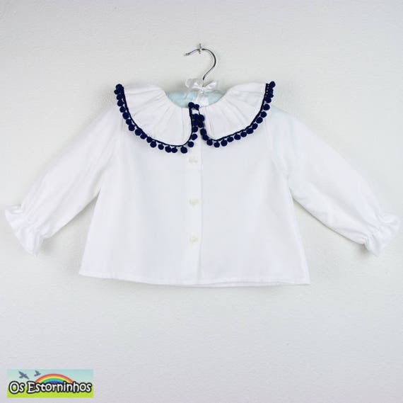 Girls' White Cotton Blouse: Navy Pompom Collar (Long Sleeve, Elastic Cuffs)