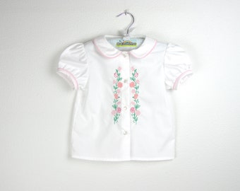 Girls Blouse - White Short  Sleeve embroidered blouse trimmed in pink