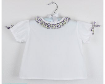 Short sleeve  Blouse with  Ruffled collar - Purple floral - Other colors/prints available