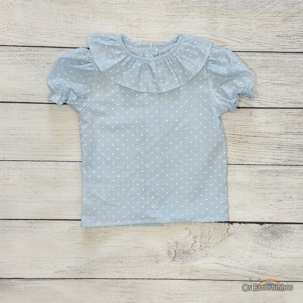 Girls Blouse -  100% Cotton Sheer Short sleeve Blue Blouse with white Swiss dots