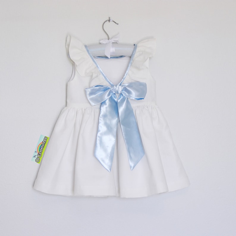 trimmed in Blue satin Off-White Linen Blend Dress with Lower back