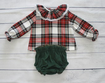 Girl Red tartan  Long sleeve Blouse with ruffle collar and Dark Green bloomers