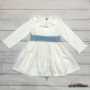 Girl Dress - White linen blend dress with sash and bow